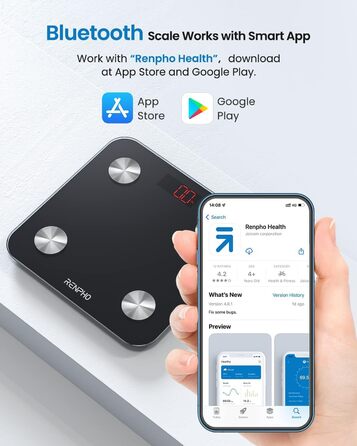 Шкала жиру в організмі RENPHO, цифрові ваги з додатком для аналізу ІМТ, 13 вимірювань, точність 50 г, чорний
