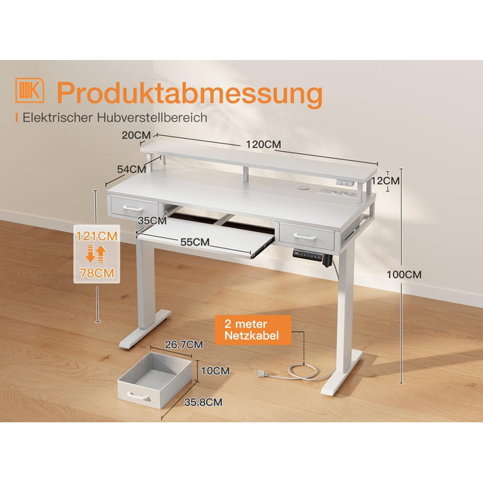 Письмовий стіл ODK, 120 см, електричний, регулювання висоти, 2 ящики, розетка, світло, білий