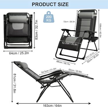 Розкішне крісло-шезлонг для саду, 72 см, з підстаканником та подушкою, сірий колір