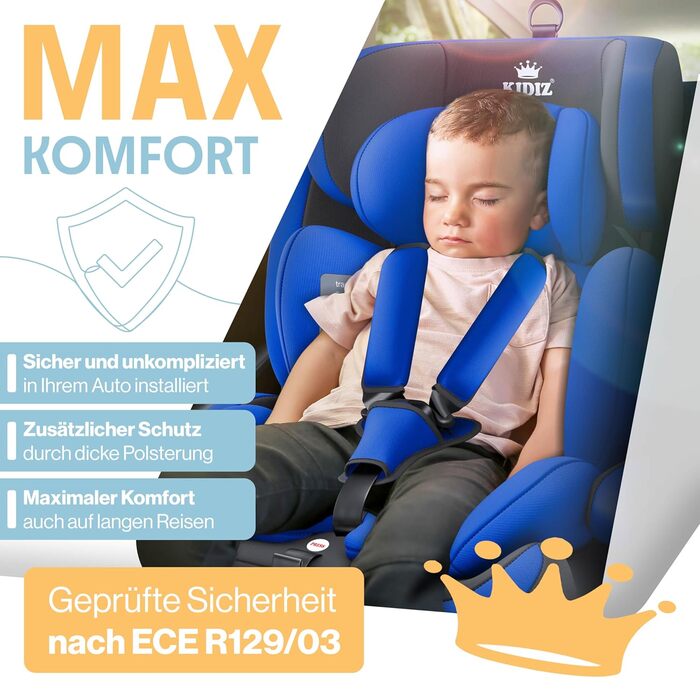 Автокрісло KIDIZ® 1+2+3 для дітей 9-36 кг з 5-точковим ременем безпеки, регульованою підголовником (синій), Isofix