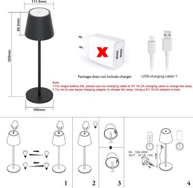 Klighten 2 шт. LED бездротові диммерні настільні лампи Anthrazit, перезарядна лампа USB-C для дому та вулиці, тепле світло 3000K, алюміній, IP54 вологостійка, антрацит