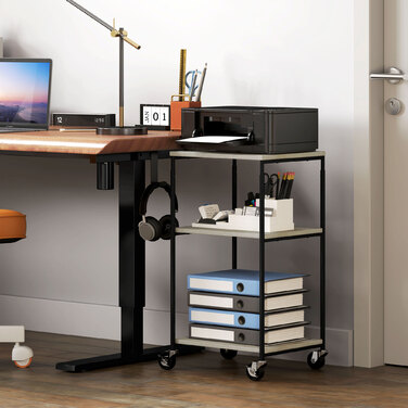 Підставка для принтера з 3 рівнями, регульована по висоті, мобільний стіл для принтера на колесах, для домашнього офісу, металева та дерев'яна