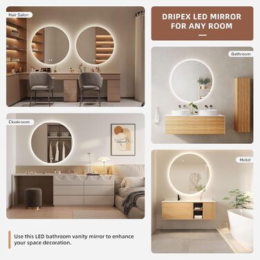 Дзеркало для ванної кімнати Dripex LED з підсвічуванням, кругле, сенсорне управління, регулювання яскравості, 3 кольори світла, запобігання запотіванню, 80x80 см