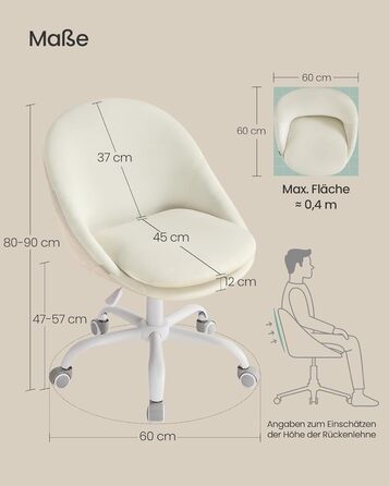Крісло SONGMICS для офісу та дому, з оксамитовою передньою частиною, регульоване по висоті, для робочого кабінету або спальні, кремовий колір, OBG020WD01