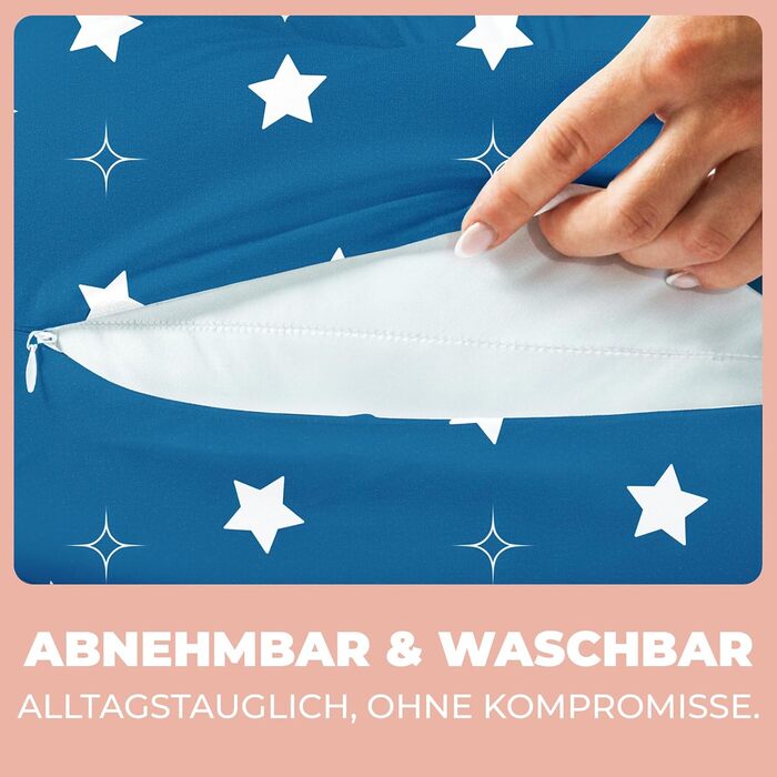 Підголівник для вагітних Stillkissen XXL 200x70см, подушка для годування та сну, балоньєра, з бавовняним чохлом, ергономічна, багатофункціональна, 100% бавовна, блакитний колір з білими зірками