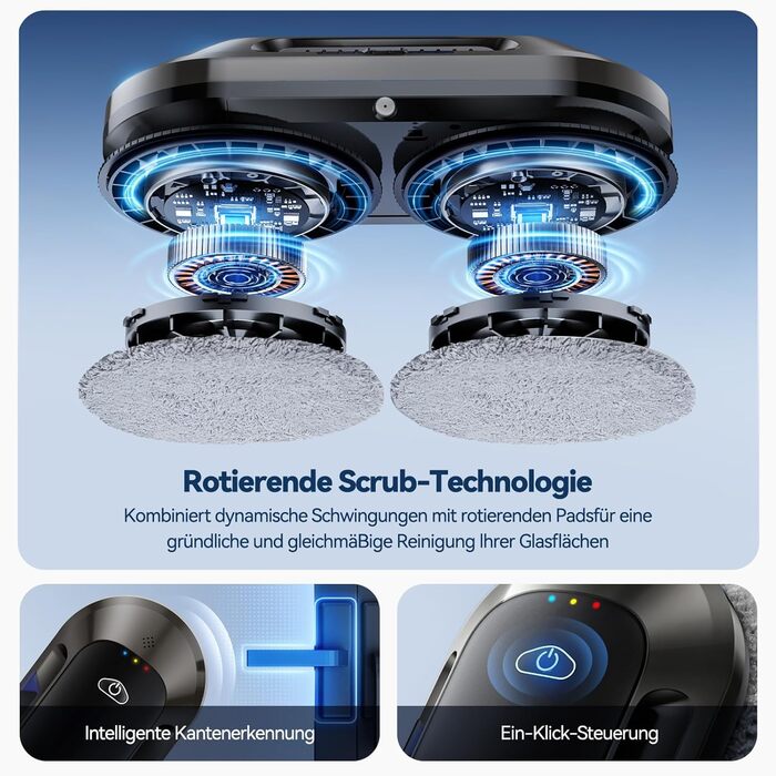 Робот для миття вікон 6000Pa з подвійною насадкою, електричний, з пультом дистанційного керування, 3 режими миття, інтелектуальна навігація, розпізнавання країв, система безпеки, для гладких поверхонь, W23d