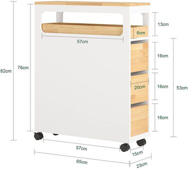 Тумбочка для ванної кімнати SoBuy з колесами, вузька з 3 висувними ящиками, компактна комода з дерева, навісна шафка для маленьких ванних кімнат, туалетів та кухонь, білий, 65x23x82 см, BZR54-W (Натуральний)