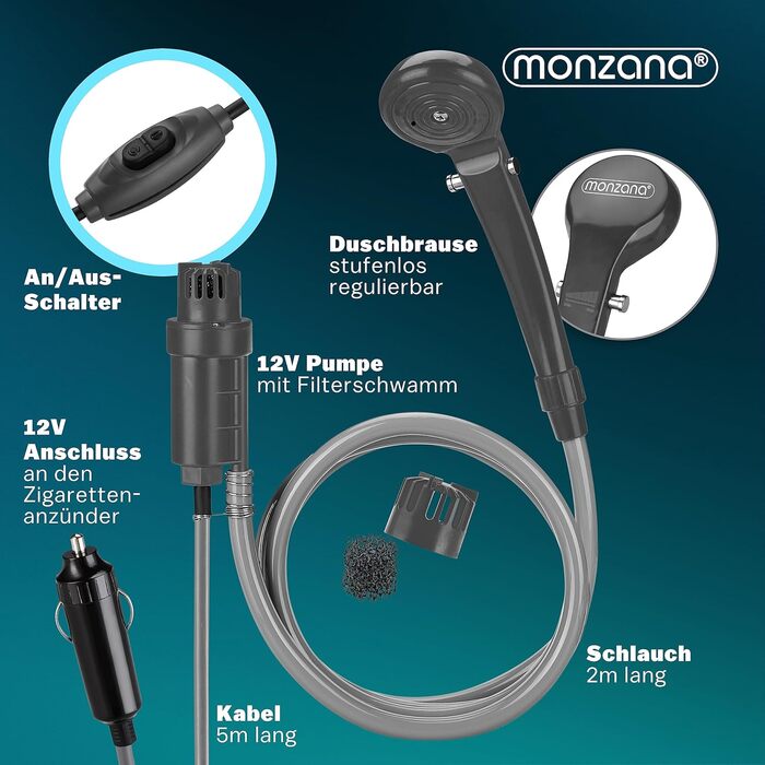 Monzana® Переносна кемпінгова душ з насосом 12V, KFZ-адаптер, сумка для зберігання, 2м шланг, 5м кабель, для авто, собак, саду, антрацит