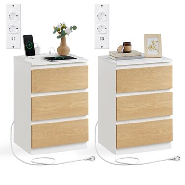 Приліжкова тумбочка VASAGLE Kailyn з розетками та USB-портами, 3 висувні ящики, сучасний дизайн, сіро-коричневий колір, LET831G01