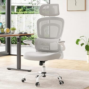 Ергономічне крісло Farini для офісу та дому: регульоване, з підголівником, сіро-біле. Крісло для комп'ютера, керівника, home office.