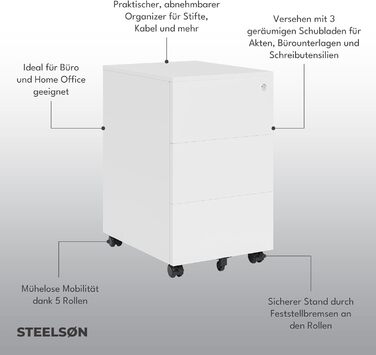 Контейнер на колесах STEELSØN з шухлядами Vespero, мобільний офісний шафчик, з можливістю замикання, 3 шухляди, білий, 65x39x50 см