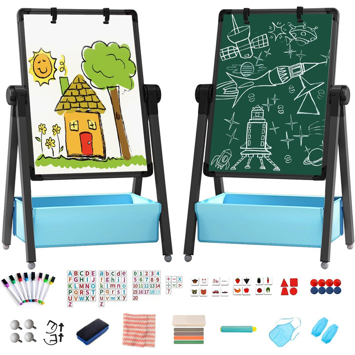 Дитяча мольберт Kinderstaffelei: двосторонній, металевий, регульований по висоті, 360° обертання, дошка для малювання та письма з літерами та цифрами (чорний)