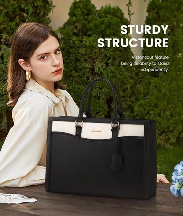 LOVEVOOK Сумка для ноутбука 15.6 дюймів, жіноча, велика, з натуральної шкіри, сумка-шоппер, сумка-тоут, для роботи, навчання, універсальна, чорно-бежева