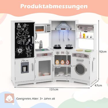Детська дерев'яна кухня COSTWAY з підсвіткою та звуком, кутова кухня з табло, мікрохвильовою піччю, раковиною, духовкою та місцем для зберігання, з аксесуарами, іграшкова кухня для дітей від 3 років (біла)