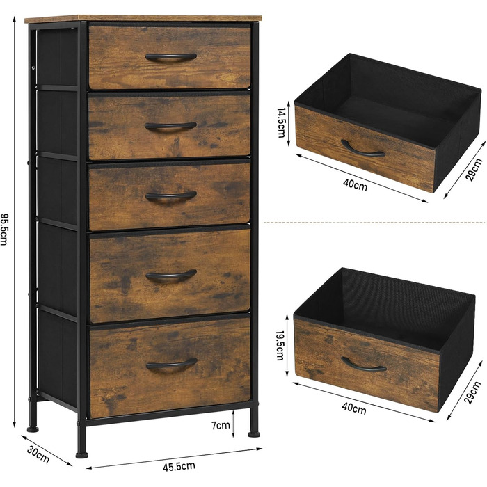 Комод з 5 шухлядами WOLTU SSK004whe, для спальні, вітальні, передпокою, з металевим каркасом та ДСП, вінтажний дизайн (чорний, 2)