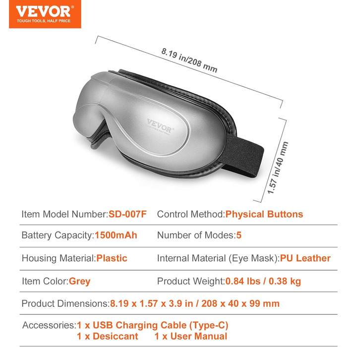 Масажер для очей VEVOR з гарячою компресою, 5 режимів, Bluetooth-музика, 180° складна маска для догляду за очима, сірий