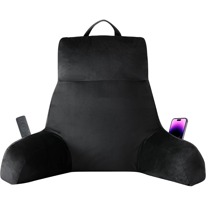 Крісло-мішок з підлокітниками для дорослих, подушка для спини для відпочинку в ліжку, з піною з пам'яті та кишенями, знімний, пральний чохол, для релаксації, перегляду телевізора, чорний, X-Large (24 дюйми)