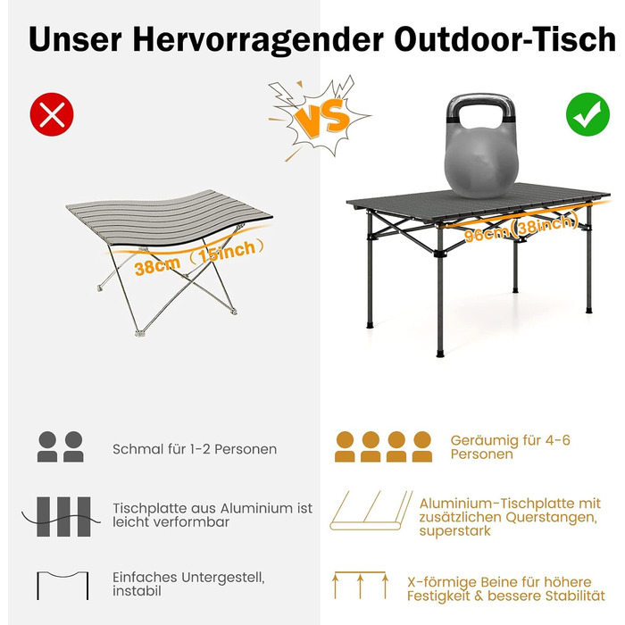 Складний стіл для кемпінгу COSTWAY, розкладний стіл з рулонною стільницею, розкладний стіл Садовий стіл з алюмінієвою стільницею на 4 особи, включаючи сумку для перенесення, 95 x 55 x 50 см, чорний