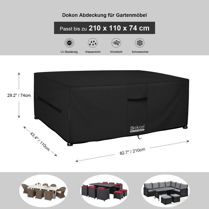Водонепроникний чохол для садово-патіо меблів Dokon, 210x110x74 см, чорний, з вентиляційними отворами