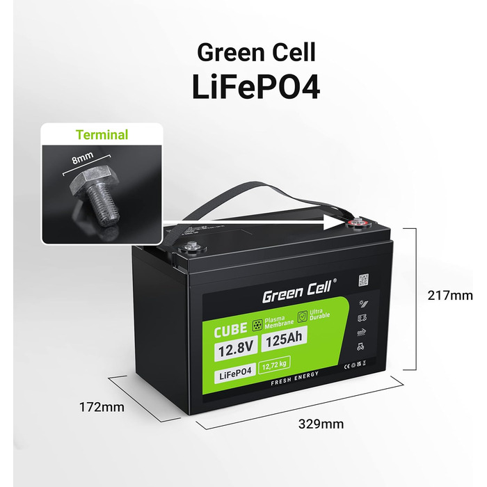 Акумуляторна батарея Green Cell LiFePO4 12 В, BMS, термін служби 10 років, для автофургону Караван Човен Сонячна батарея (125 Ач)