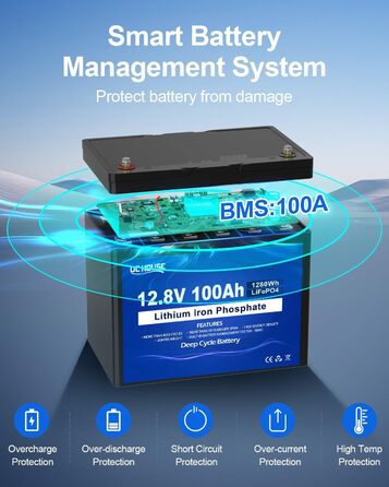 Акумуляторна батарея DCHOUSE 12V 100Ah LiFePO4, оновлена BMS 100A, до 15000 циклів, літієва батарея 1280 Втгод, ідеально підходить для автофургонів, сонячних систем, караванів, човнів, кемпінгу, автономних систем