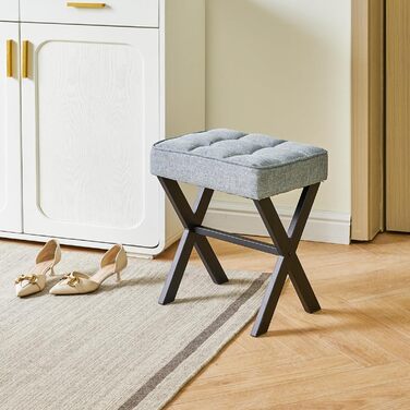 Пуф-табуретка IBUYKE з X-подібними ніжками та підставкою для ніг, тканина льон, сірий блакитний колір, для спальні, вітальні, як приліжкові столики