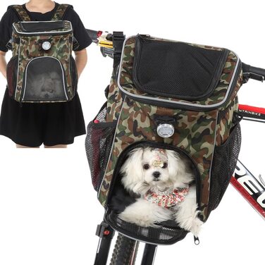 Велосипедна корзина для собак спереду, рюкзак для собак, рюкзак для кішок вагою до 5 кг для подорожей, походів, кемпінгу, велосипедна корзина для собак, для маленьких, середніх цуценят і кішок зелений камуфляж