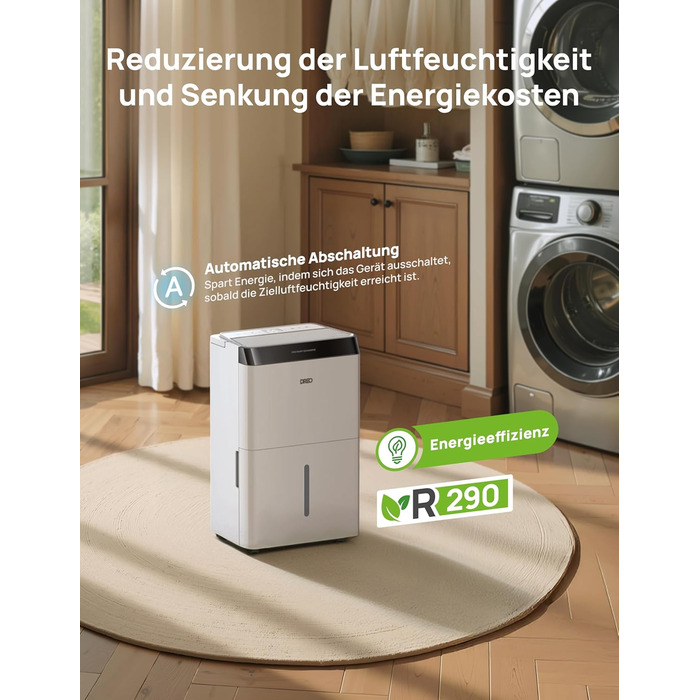 Dreo Розумний осушувач повітря - 20л, для приміщень до 37 м², з керуванням через додаток та Alexa, 3 режими, таймер, регулювання вологості, з відводом води, для спальні та ванної кімнати, білий/чорний