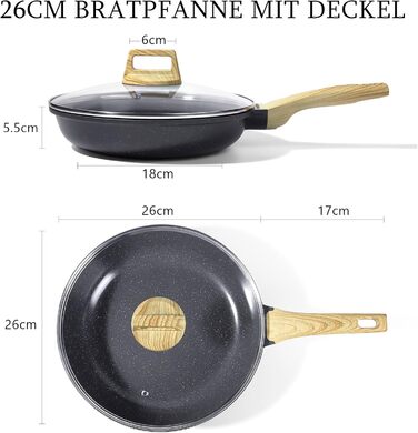 Пан з антипригарним покриттям GiPP Keramik 24 см - здоровий, без PFOA/PFAS, для індукційних плит, миється в посудомийній машині, з холодним ручками. (Білий, Чорний, 26 см + кришка)