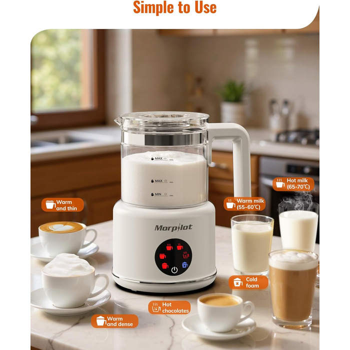 Електричний спінювач молока Morpilot 6-в-1: для капучіно, лате, гарячого шоколаду, 130-500мл, 600W, скляний, для миття в посудомийній машині