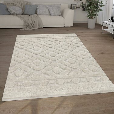 Домашній килим Paco з високим ворсом для вітальні, кошлатий 3D, вінтажний вид в стилі етно-бохо, м'який, розмір колір (200x280 см, кремовий 8)