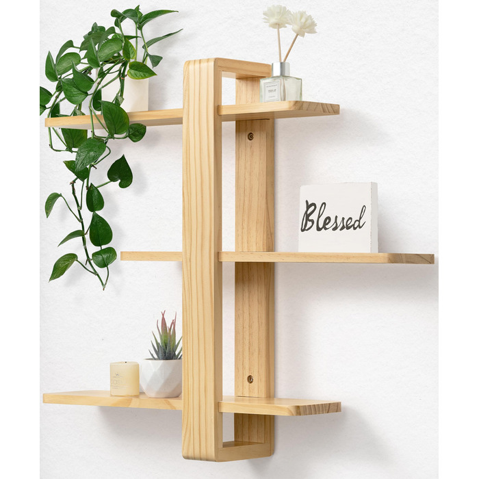 Полиця настінна SUMGAR з дерева, плаваюча, три яруси, 50x58 см (біла/дерево) для вітальні, спальні