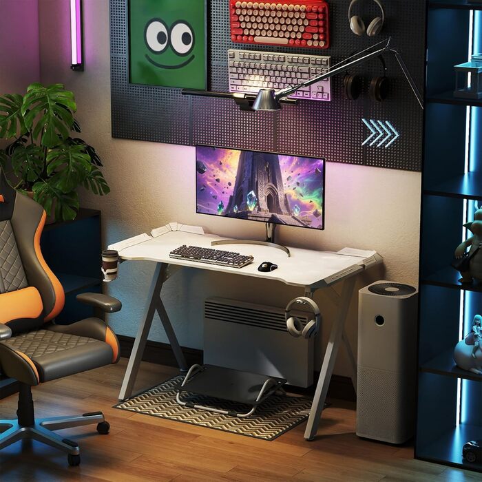 LED ігровий стіл YRHome з RGB-підсвічуванням, пультом дистанційного керування, тримачем для навушників та підставкою для напоїв. Білий, 120x60x75 см
