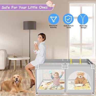 Ляльковий загін для малюків 120x120 см з ігровим килимком, дитячий портативний загін з м'яким килимком, дитячий загін з сіткою та присосками 120x120 см з матрацом