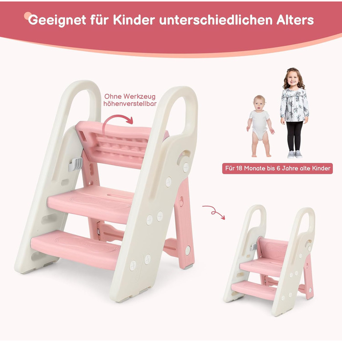 Дитячий табурет-сходинка Onasti: регульована висота, 2-3 сходинки, складна конструкція, багатофункціональний, для ванної, дитячої кімнати, кухні (зелений, рожевий)