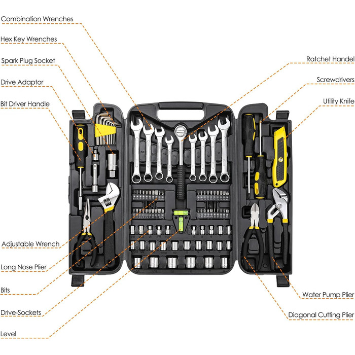 Набір інструментів 95 предметів у пластиковому кейсі Werkzeugkoffer: викрутки, головки, тріскачки для дому, авто, гаража (жовтий)