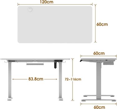 Електричний стіл Homall з регулюванням висоти 120x60 см, стільниця з чотирьох частин, функція пам'яті, білий