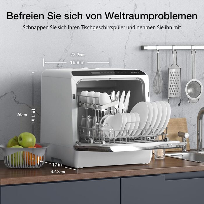 BLITZHOME Міні посудомийна машина з керуванням через додаток, 6 програм, портативна, 5л бак, з/без підключення до води, функція сушіння, для кемпінгу