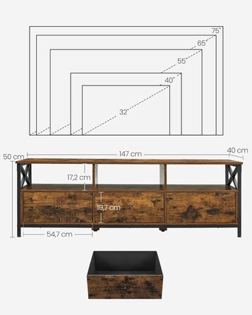 Тумба під телевізор VASAGLE до 80 дюймів, лофт, 3 шухляди, 3 полиці, вітальня, сталевий каркас, коричнево-чорний LTV302B01