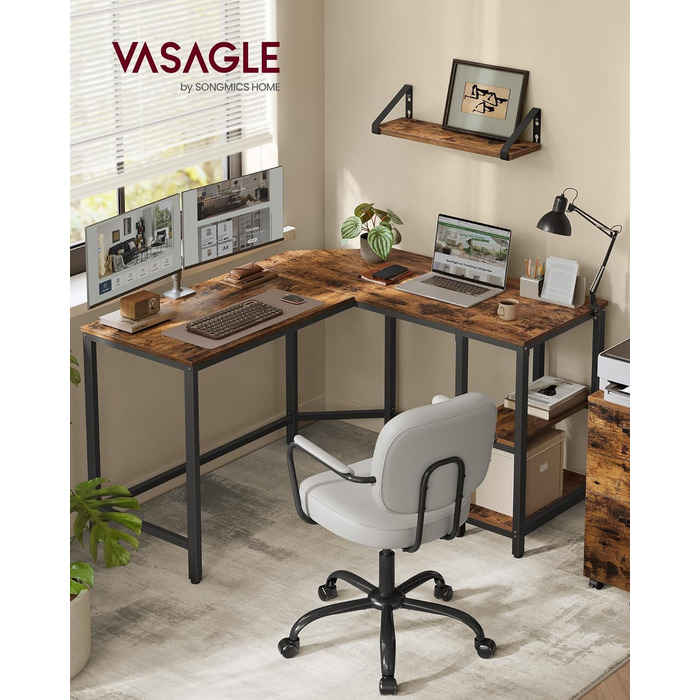 VASAGLE L-подібний кутовий стіл для комп'ютера, 138 x 138 x 76 см, з 2 полицями, для офісу та дому, геймінгу, чорний з текстурою дерева, LWD072B56