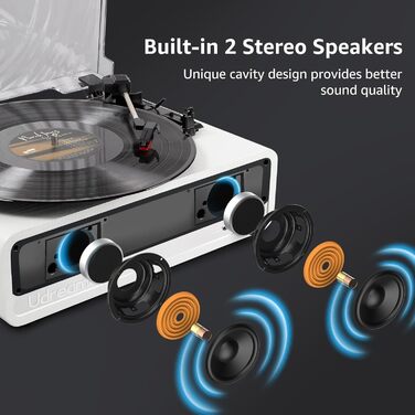 Вініловий програвач Udreamer з Bluetooth, динаміками, USB, AUX, RCA, 3 швидкості, ремінний привід, дзеркальний дизайн, білий