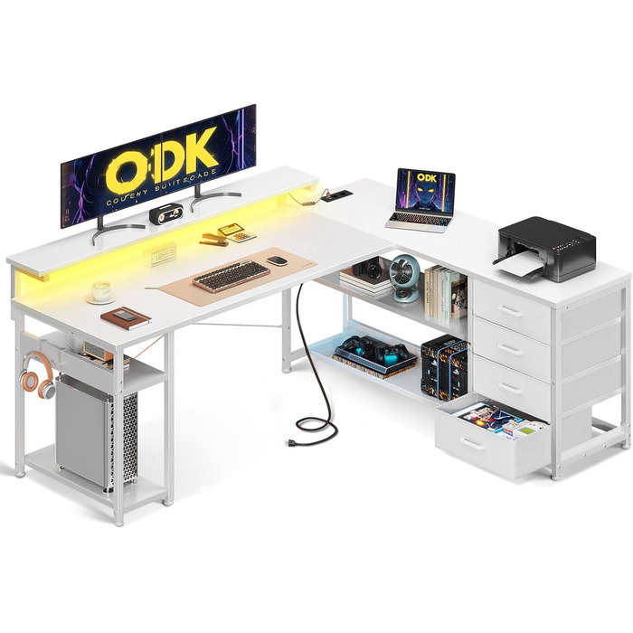 Письмовий стіл ODK з шухлядами, кутовий, з 2 розетками та 2 USB-портами для зарядки, L-подібний офісний стіл з LED-підсвічуванням для дому та офісу, 155×110 см (білий)
