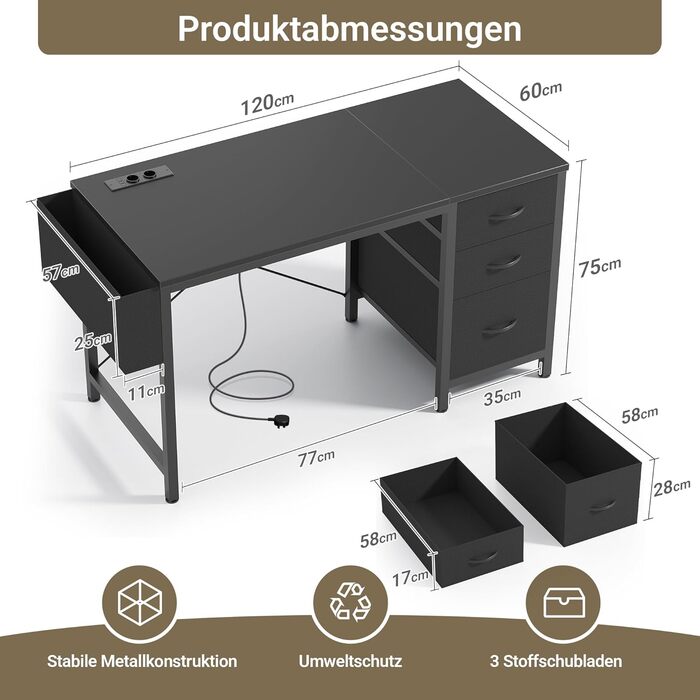 Компактний письмовий стіл Claiks з 3 висувними ящиками, 100x60 см, з розетками та USB-портами. Комп'ютерний стіл для дому та офісу