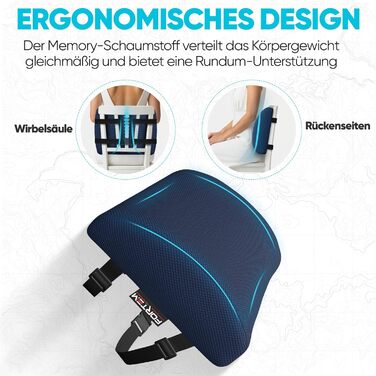 Подушка під поперек FORTEM з ефектом пам'яті для авто, ігрового та офісного стільця, ортопедична підтримка спини з дихаючою знімною обкладинкою (Синій сітчастий матеріал)