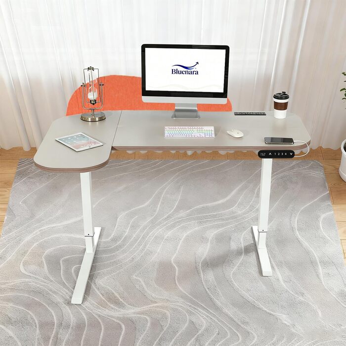 Електричний кутовий стіл з регулюванням висоти 150 см, L-подібний, з 4-ма пам'ятями, з'єднувальна панель, для дому та офісу (150x68 см, темно-коричневий-помаранчевий)