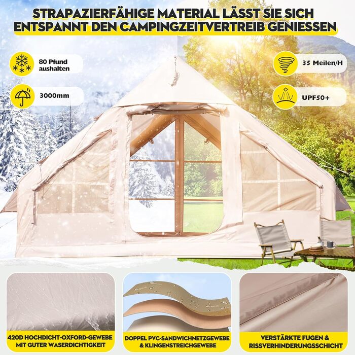 Надувний кемпінговий намет для 2-8 осіб Oxford 4 сезони з насосом - швидкозбірний водонепроникний намет (300x210x200 см, велике вікно)