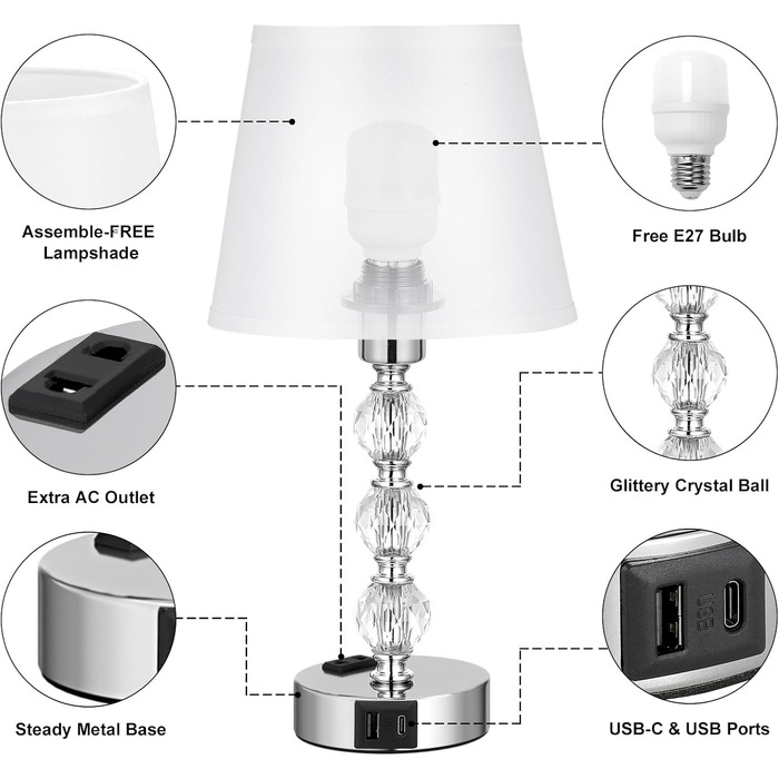 Набір приліжкових ламп Kakanuo Touch з можливістю затемнення з 2 шт. , кришталева настільна лампа з USB-AC, LED, білий тканинний абажур, 37 см