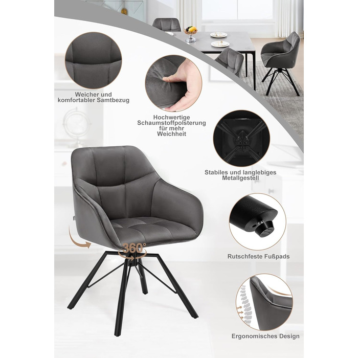 Крісла для їдальні WOLTU (4 шт) з оббивкою з велюру, сірого кольору, з підлокітниками та поворотним механізмом