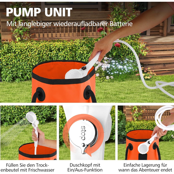 Портативний душ для кемпінгу Leise з акумулятором 7800mAh, USB-C, 3 режими, LED-дисплей - помаранчевий
