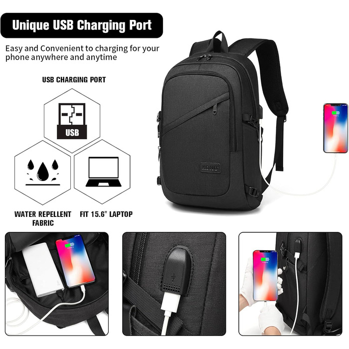 Чорний рюкзак для ноутбука KONO 15.6 дюймів, водонепроникний, антикрадійний, для роботи, подорожей та навчання